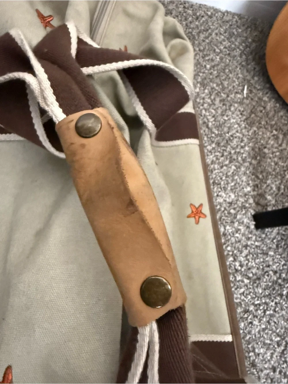 L.L. Bean Cream Canvas Duffel with Brown Straps and Orange Star Accents